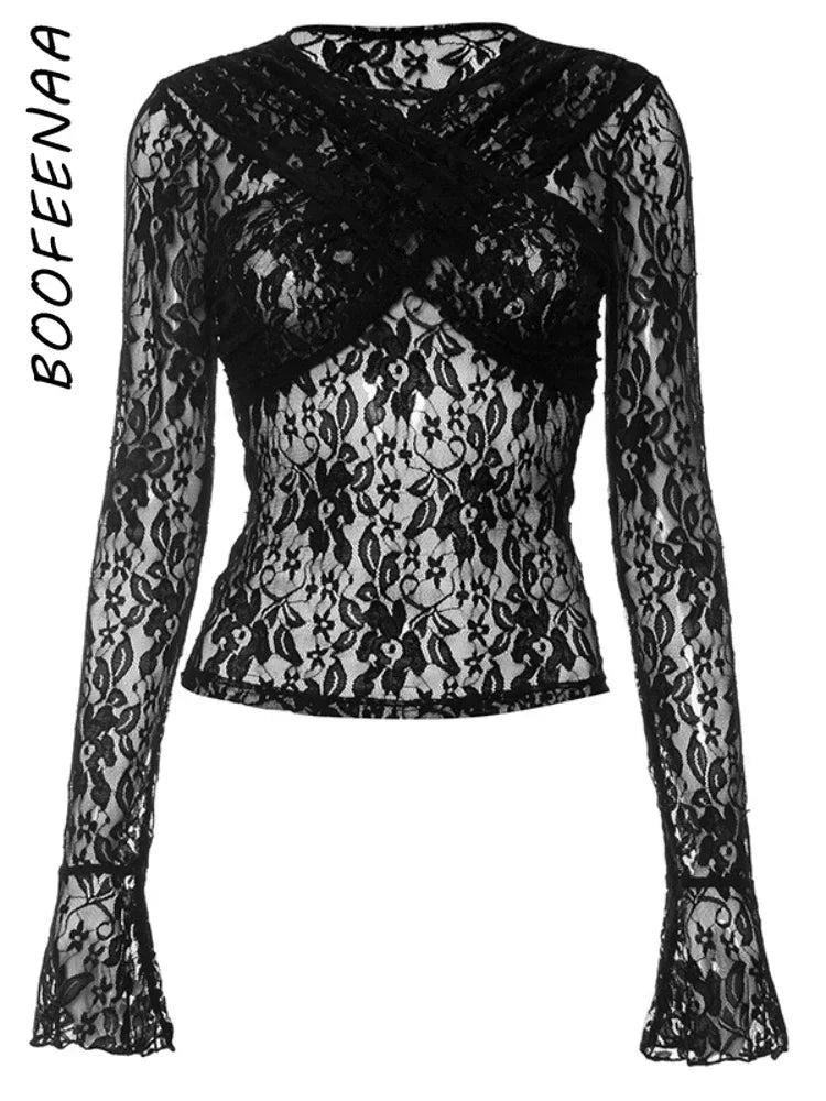 BOOFEENAA See Through Lace Mesh Sexy Shirts & Blouses Black Cross Flared Long Sleeve Tops for Women Trendy Clothes C85-BI11