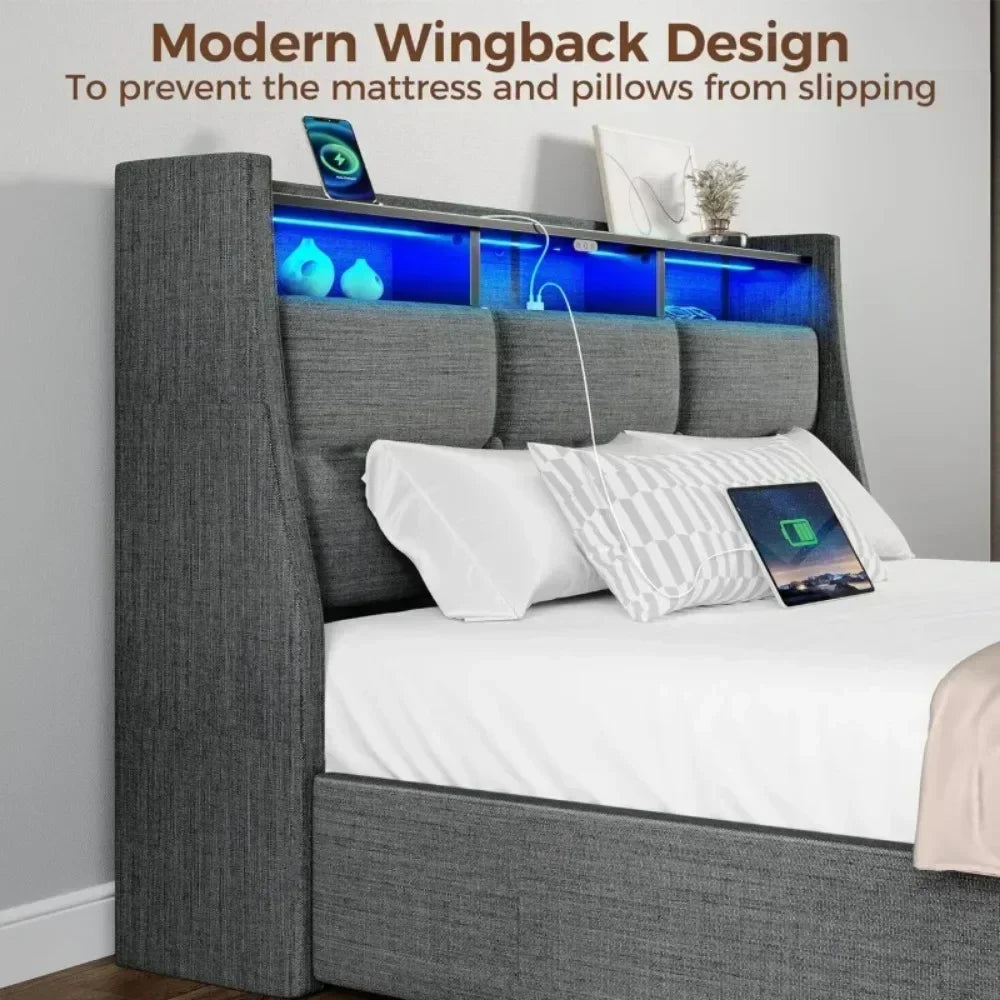 Twin Size Frame with LED Lights and Charging Station, Upholstered Bed Storage Headboard &Amp; Drawers, Twin Bed