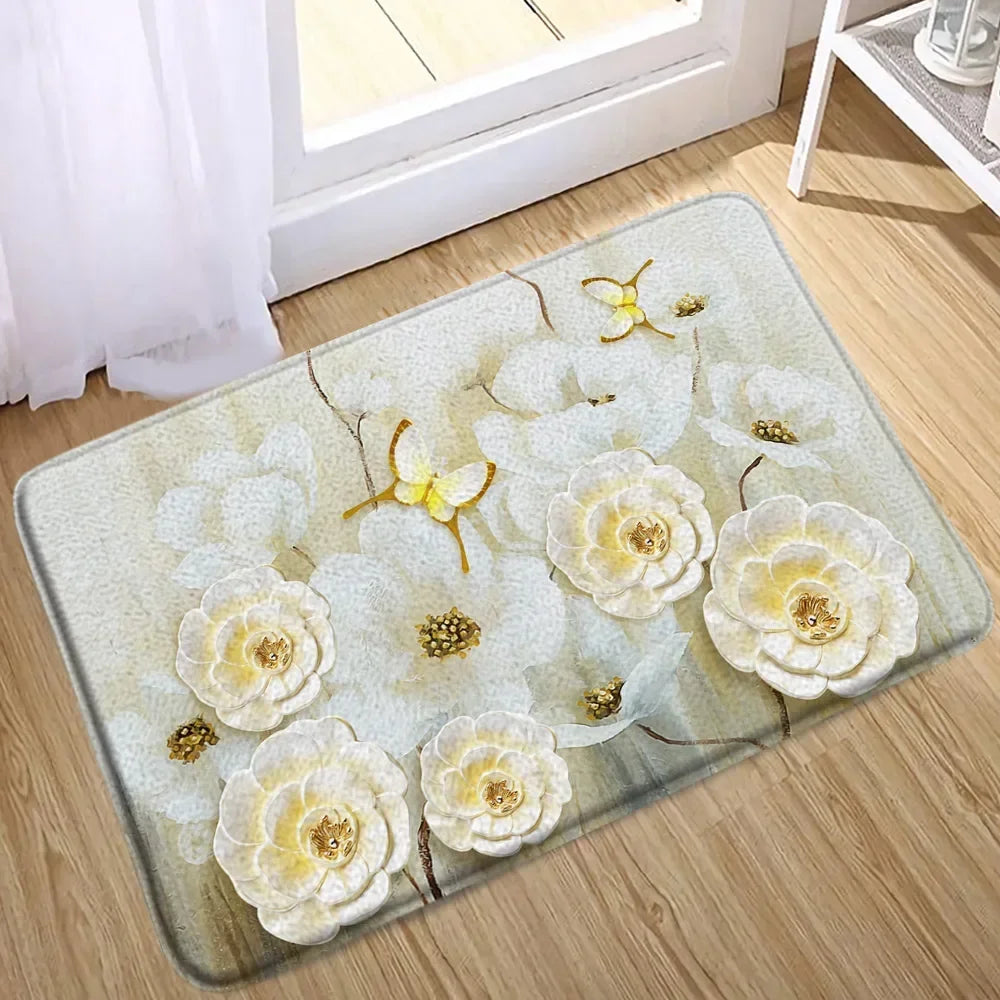 Elegant Bouquet of Fantastic White Flowers 3D Style Shower Curtain Bathroom Curtain with Bath Rug Carpet Set Floral Home Decor