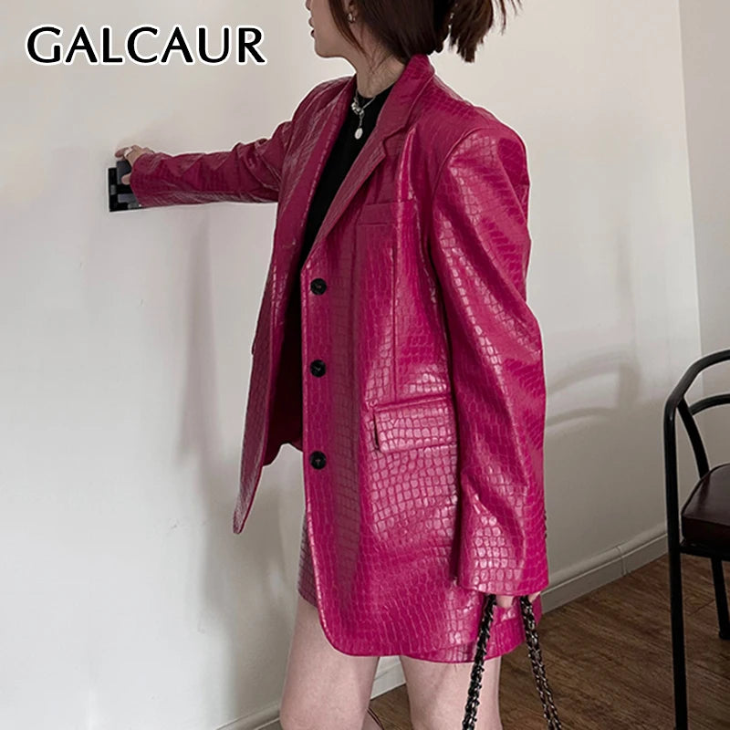 GALCAUR Solid Two Piece Set Women Pu Leather Coats Notched Collar Long Sleeve High Waist Mini Skirt Folds Suit Female Autumn New