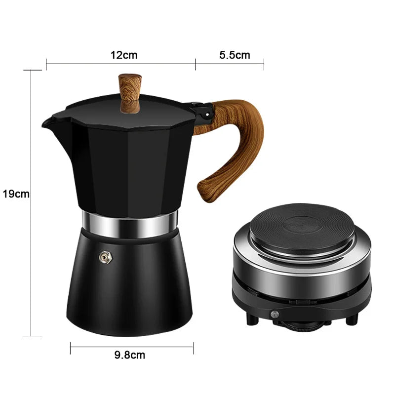 DMWD Vintage Wooden Handle Espresso Maker Moka Pot 300ml With Electric Furnace Classic Italian Cafe Tools Mocha Coffee Maker