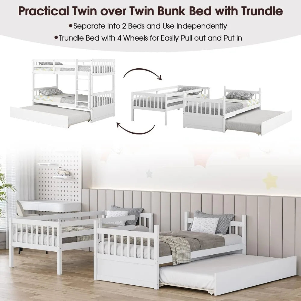 Twin Over Twin Bunk Bed with Trundle, Convertible Platform Bed Frame with Ladder & Solid Wood Frame, Space-Saving Bunk Bed