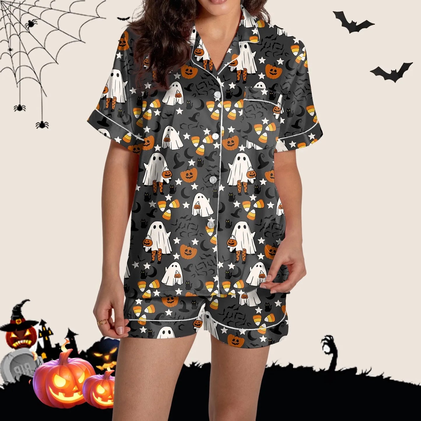 Ladies Halloween Print Pajama Set Silk Satin Set Lapel Short-Sleeved Shirt And Waistband Shorts 2-Piece Set Casual Trend Sets