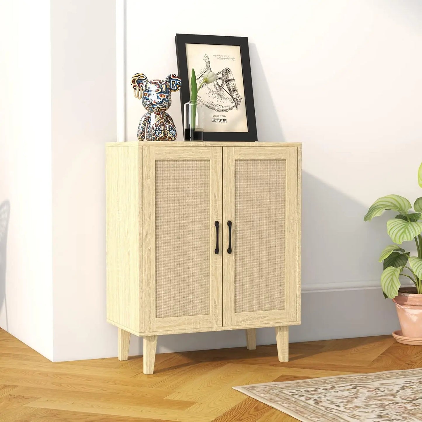 Cabinet Sideboard with Rattan Decorated Doors Kitchen Storage Cupboard Accent Cabinet (Natural Wood)