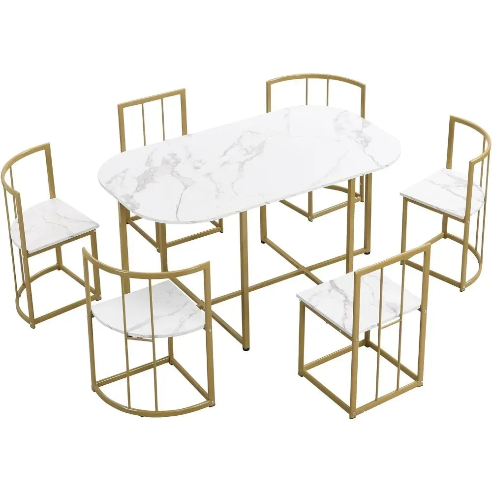 7-piece dining table and chairs set for small spaces, faux marble kitchen table, modern style dining table set