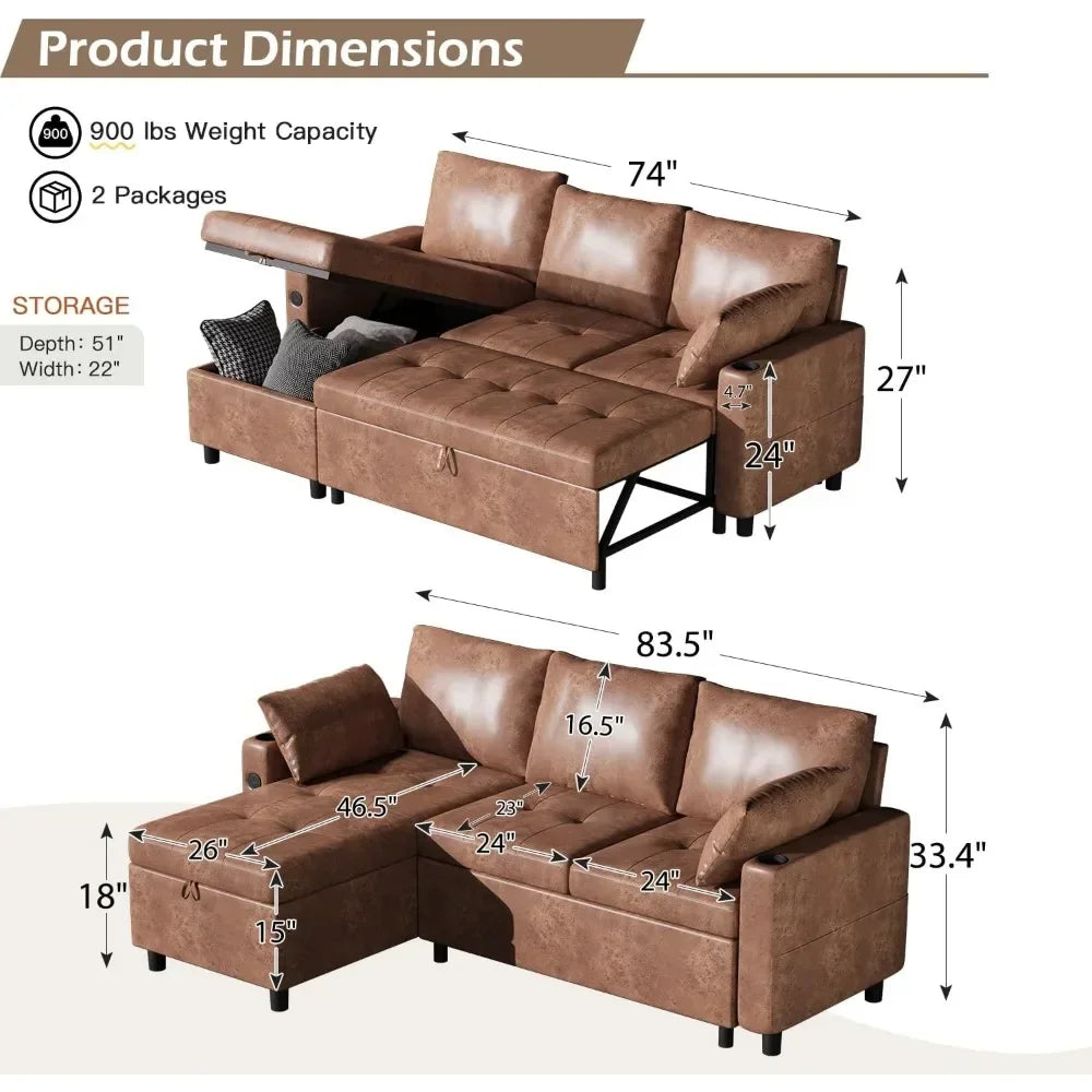 Sectional L Shape Couch Bed, Faux Leather Pull Out Sofa Bed, 3 in 1 Sleeper Sofa with Storage Chair, Mid Century Modern Couch