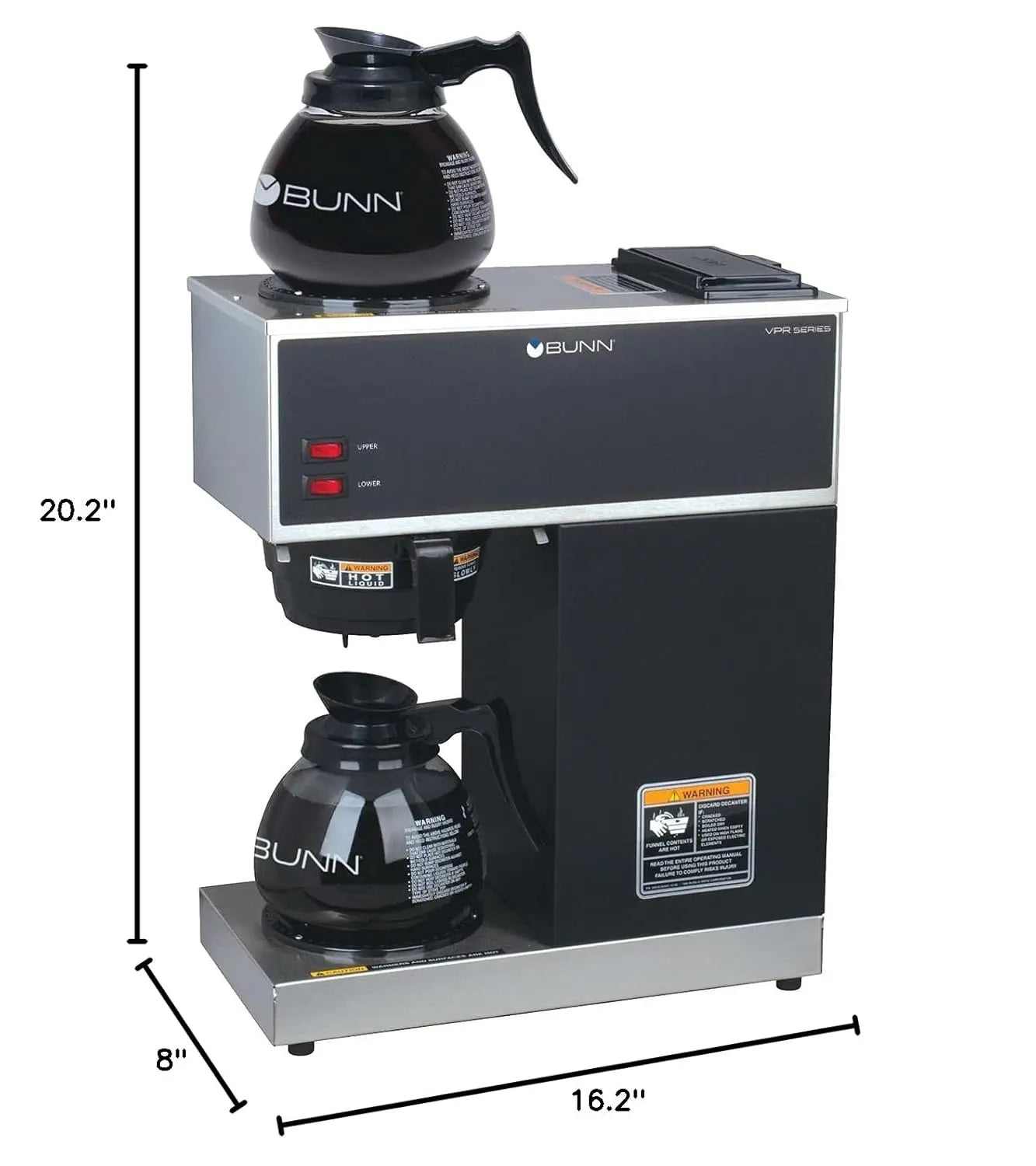 VPR-2GD 12-Cup Commercial Coffee Brewer with Upper and Lower Warmers and Two Glass Decanters, Black, Stainless, Standard