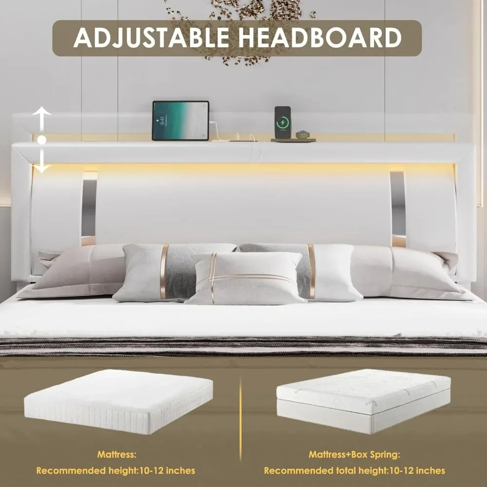 Bed Frame with RGB LED Lights Headboard & 2 Storage Drawers, Modern Upholstered Faux Leather Smart Platform Iron Metal Decor