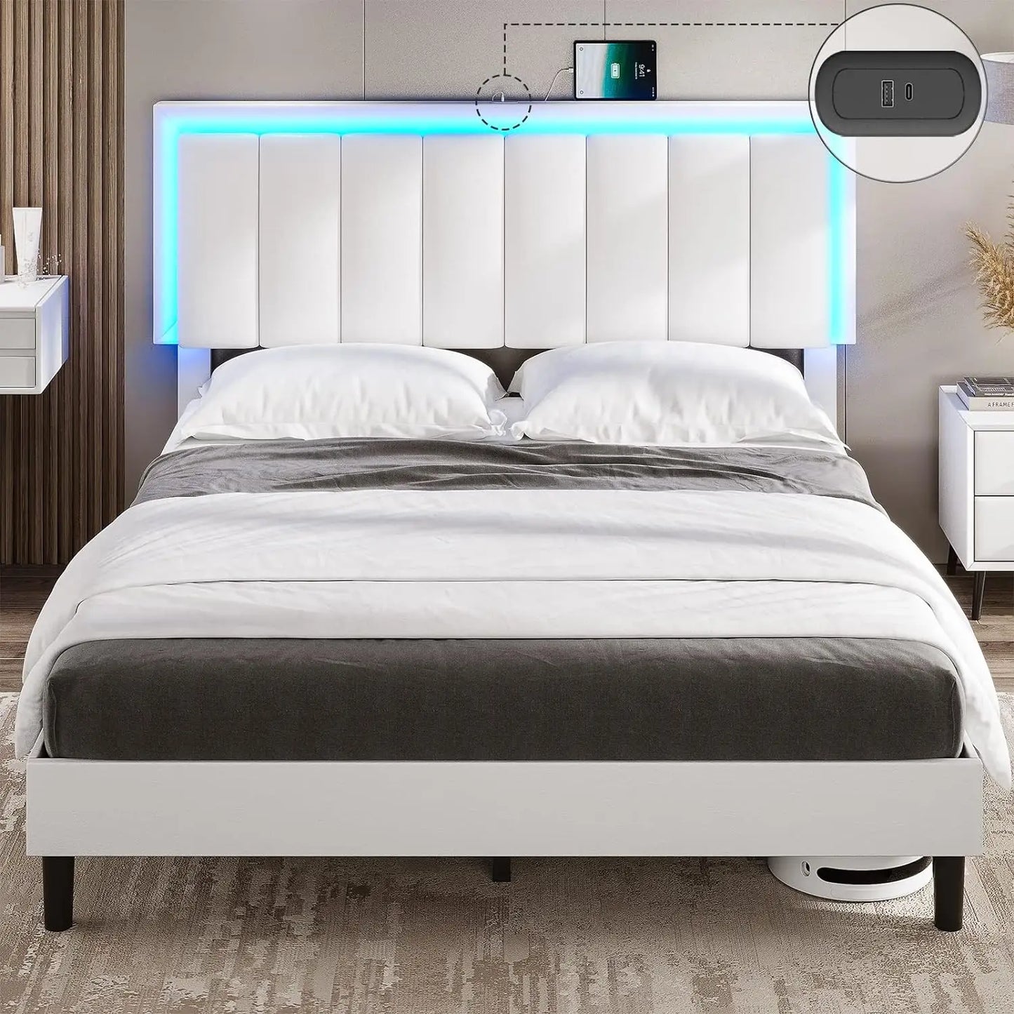 Bed Frame with Led Lights and Charging Station Platform Bed Frame with Adjustable Headboard Faux Leather Profile Platform Bed