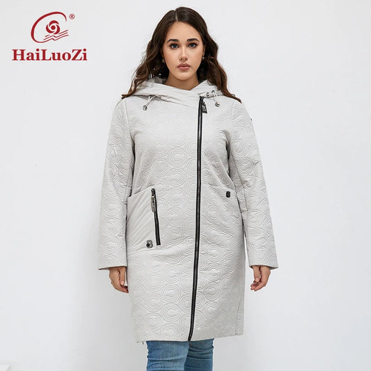 HaiLuoZi 2023 Autumn Women Jackets Plus Size Long Hooded Quilted Light weight Big pockets Bio-cotton Stylish Women's coat 5537