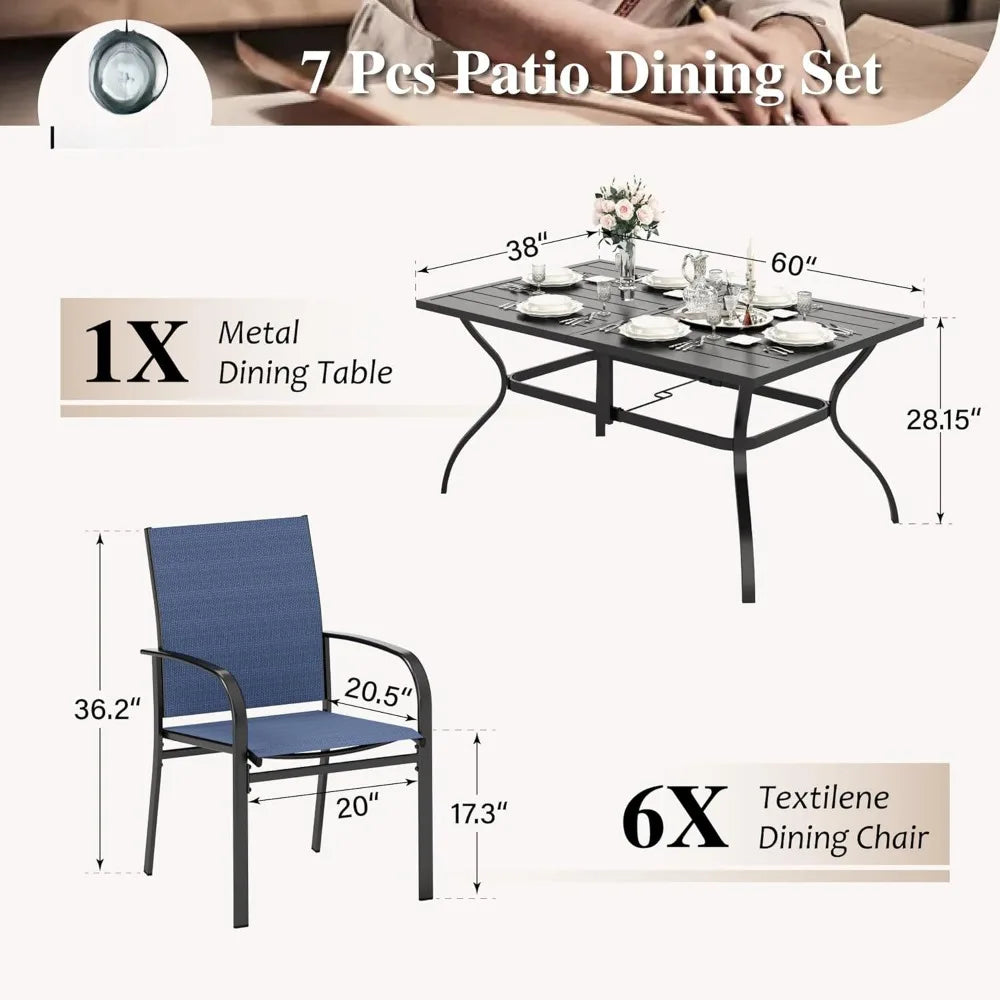 7 PCS Patio Dining Set, Outdoor Table Chairs, Large Table with Double Umbrella Hole for Backyard, Patio Table and Chairs Set