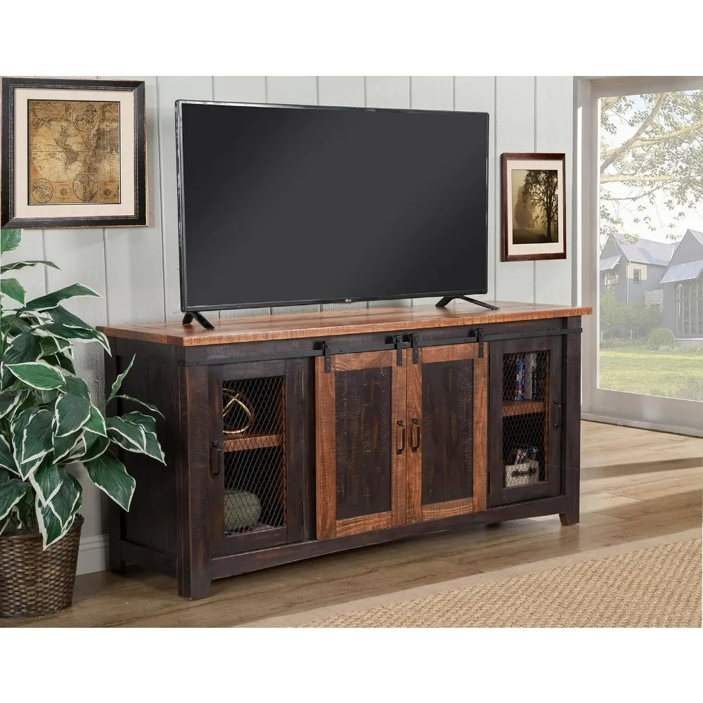 Santa Fe 70" Solid Wood TV Stand, 65"W x 35"H x 19"D, Antique Black and Aged Distressed Pine Sliding Barn Doors. Solid Wood .