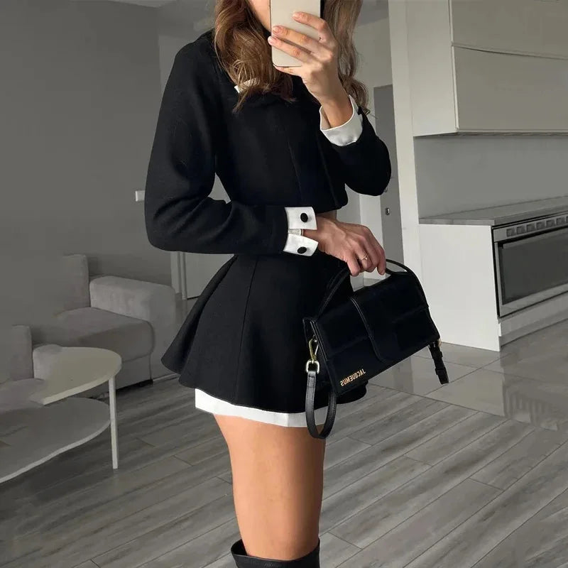 TARUXY Tweed Shorts Skirt Two Piece Set Women Elegant Long Sleeve Single Breasted Jacket Woman Shorts 2 Suits Lady Outfits 2024