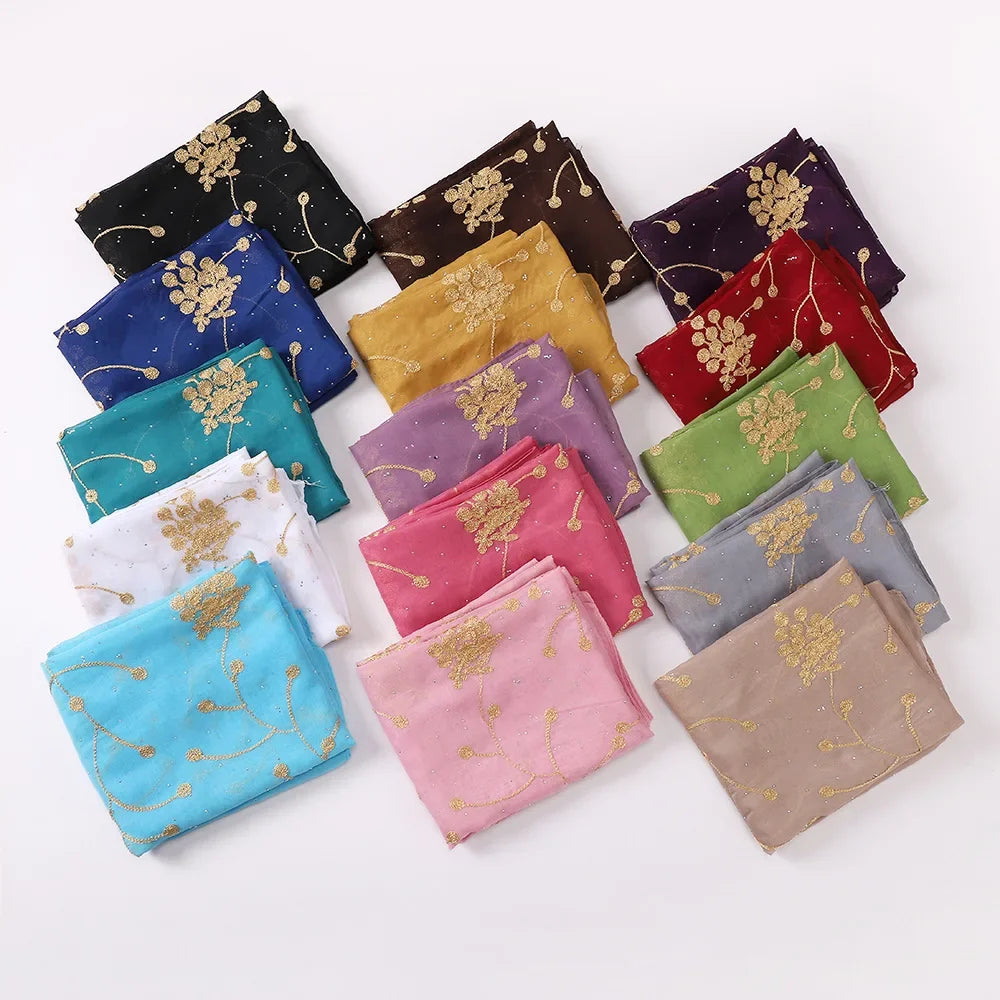 Embroidered Diamond Chiffon Scarf Hijabs for Woman Turban Shawls Scarves Head Scarf Headwraps for Women Turban Femme Bandana