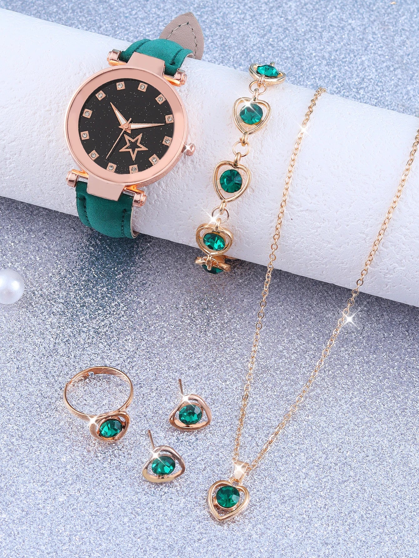 Purple fashion five-pointed star alloy leather women's quartz watch and purple hollow necklace set birthday gift wear pieces