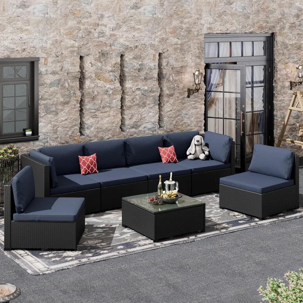 7 Piece Patio Furniture Set, All Weather PE Rattan Outdoor Sectional with Coffee Table, Outdoor Furniture Patio Sectional Sofa