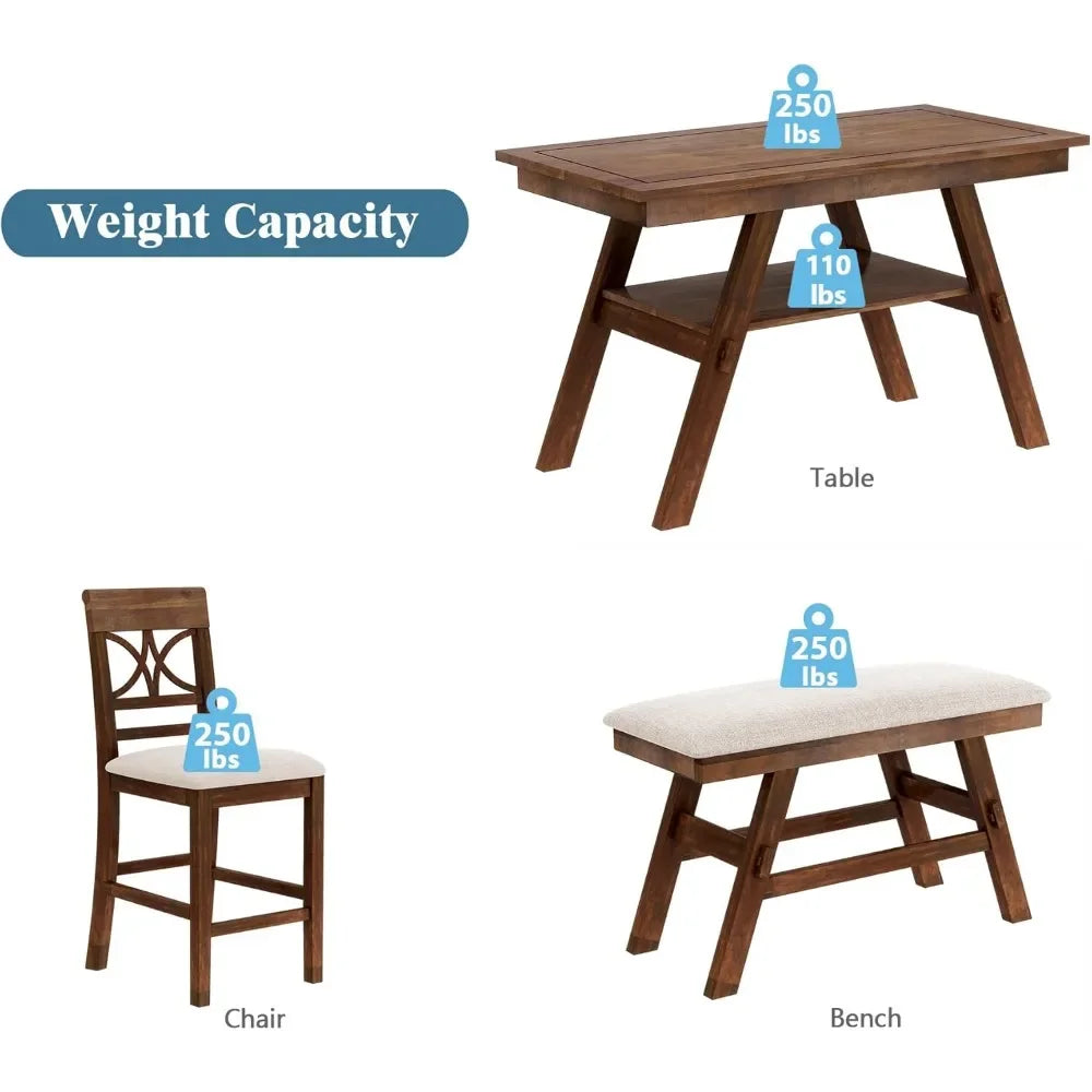 6-Piece Counter Height Dining Table Set,Farmhouse Rustic Kitchen Dining Room Table Set with Padded 4 Chairs and Bench