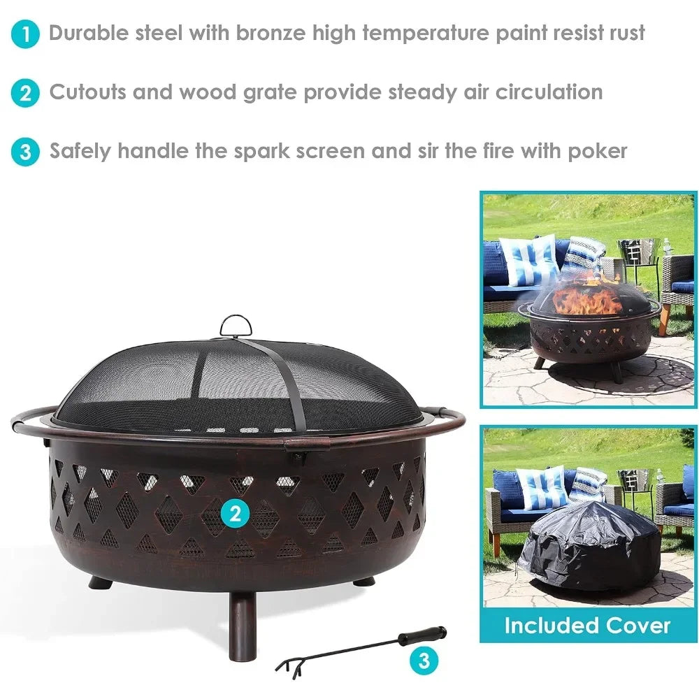 Wood-Burning Fire Pit - Includes Spark Screen, Fireplace Poker, and Round Cover, Fireplaces for Bonfire Picnic, Outdoor Heaters