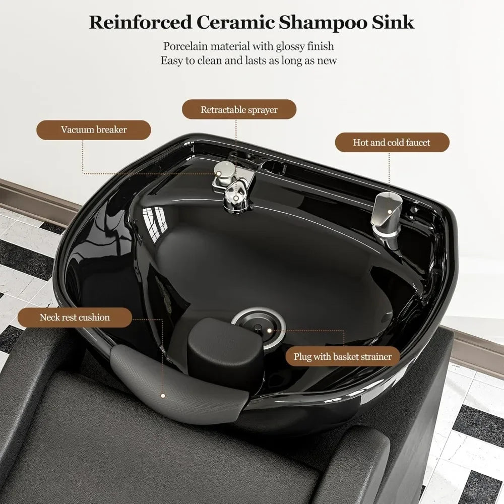 Shampoo Chair and Bowl for Salon, Backwash Shampoo Station Sink with Ceramic Bowl and Footrest, Shampoo Chairs