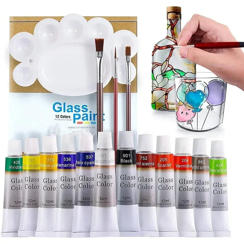 12 24 Colors Stain Glass Paint Set with 6 Nylon Brushes, 1 Palette, Waterproof Acrylic Enamel Painting Kit for Art Supplies