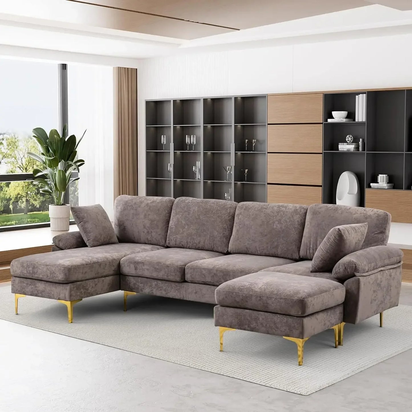 U-Shaped Sectional Sofa Couch, 4 Seat Sofa Set for Living Room, Convertible L-Shaped Velvet Couch Set