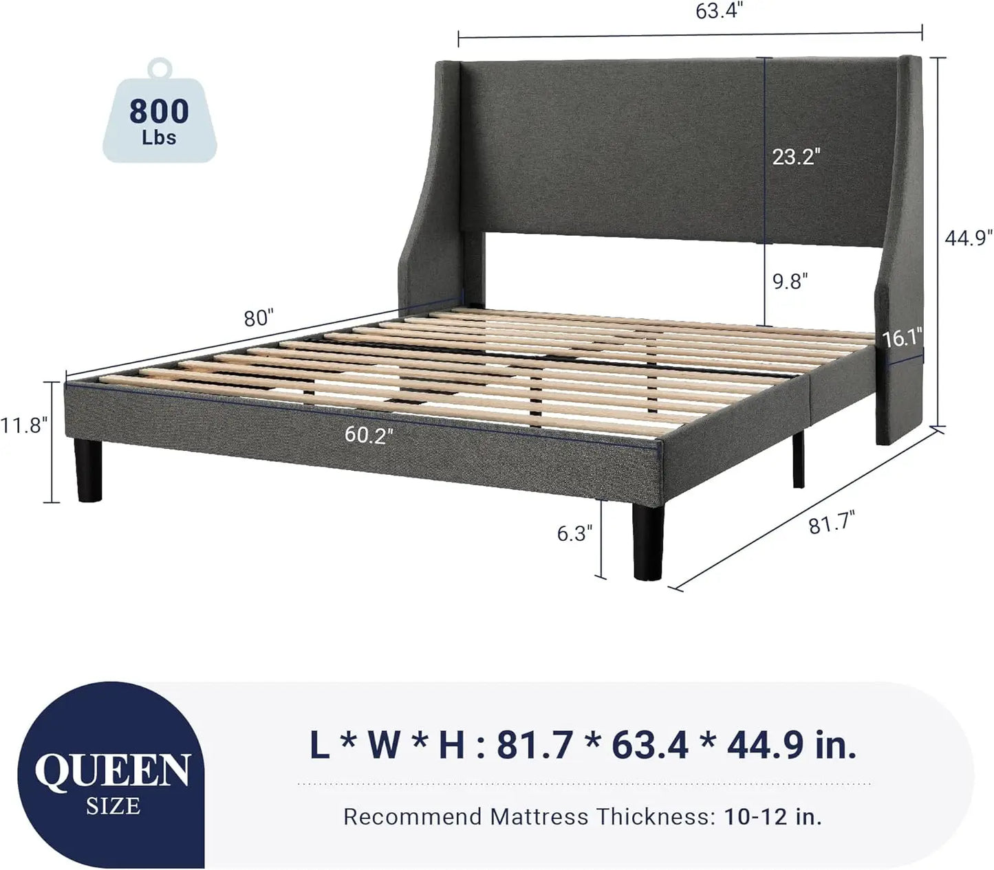 Queen Bed Frame, Platform Bed Frame Queen Size with Upholstered Headboard, Modern Deluxe Wingback