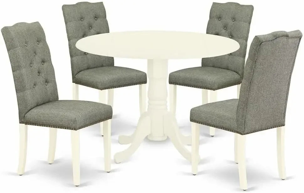 5 Piece Room Furniture Set Includes A Round Dining Table with Dropleaf and 4 Dark Khaki Linen Fabric, Dining Tables