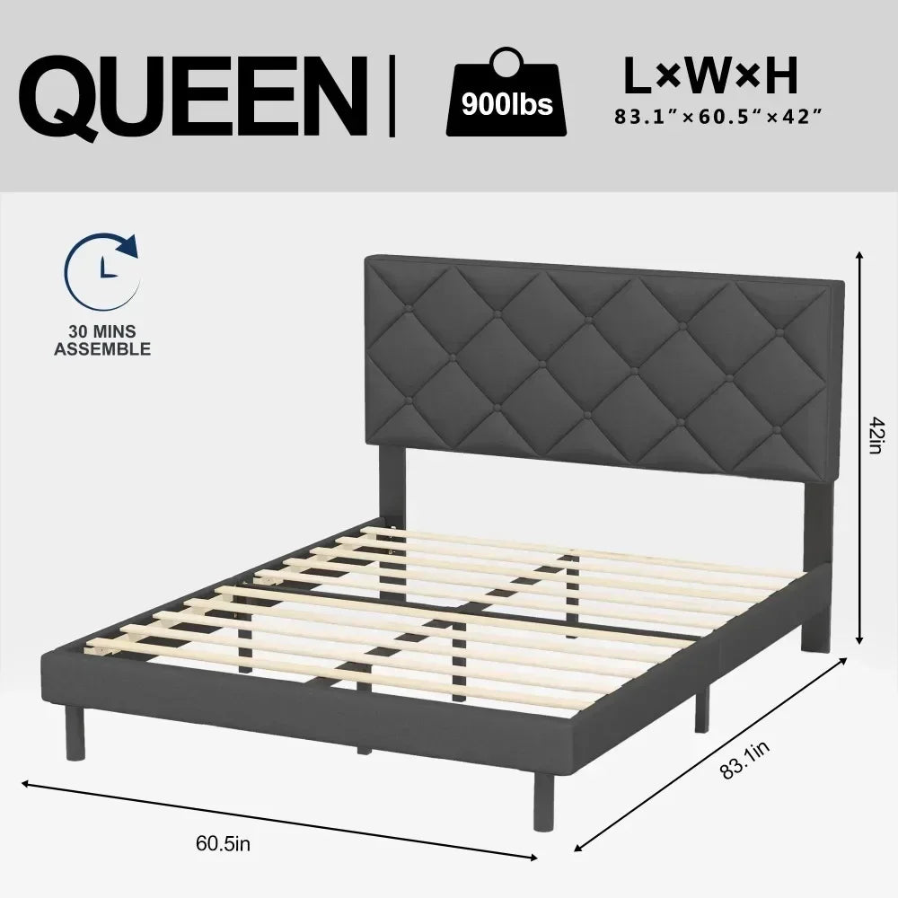 Queen Bed, Queen Size bed Frame with Fabric Upholstered Headboard,Dark Grey, Easy Assembly