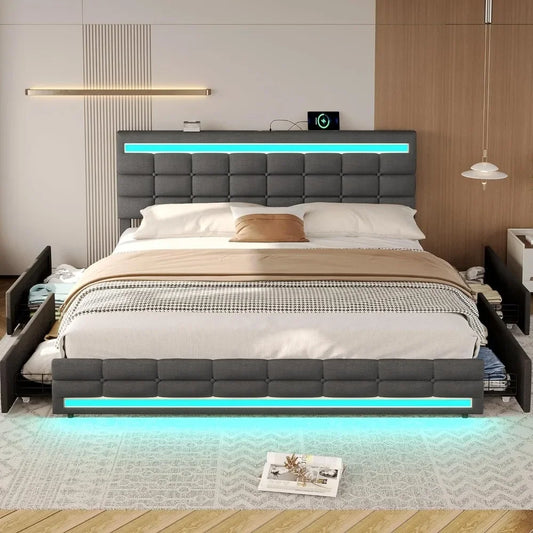 Queen Size Bed Frame with LED Upholstered Platform and Storage Drawers, USB Ports, Dark Grey Bed Frame