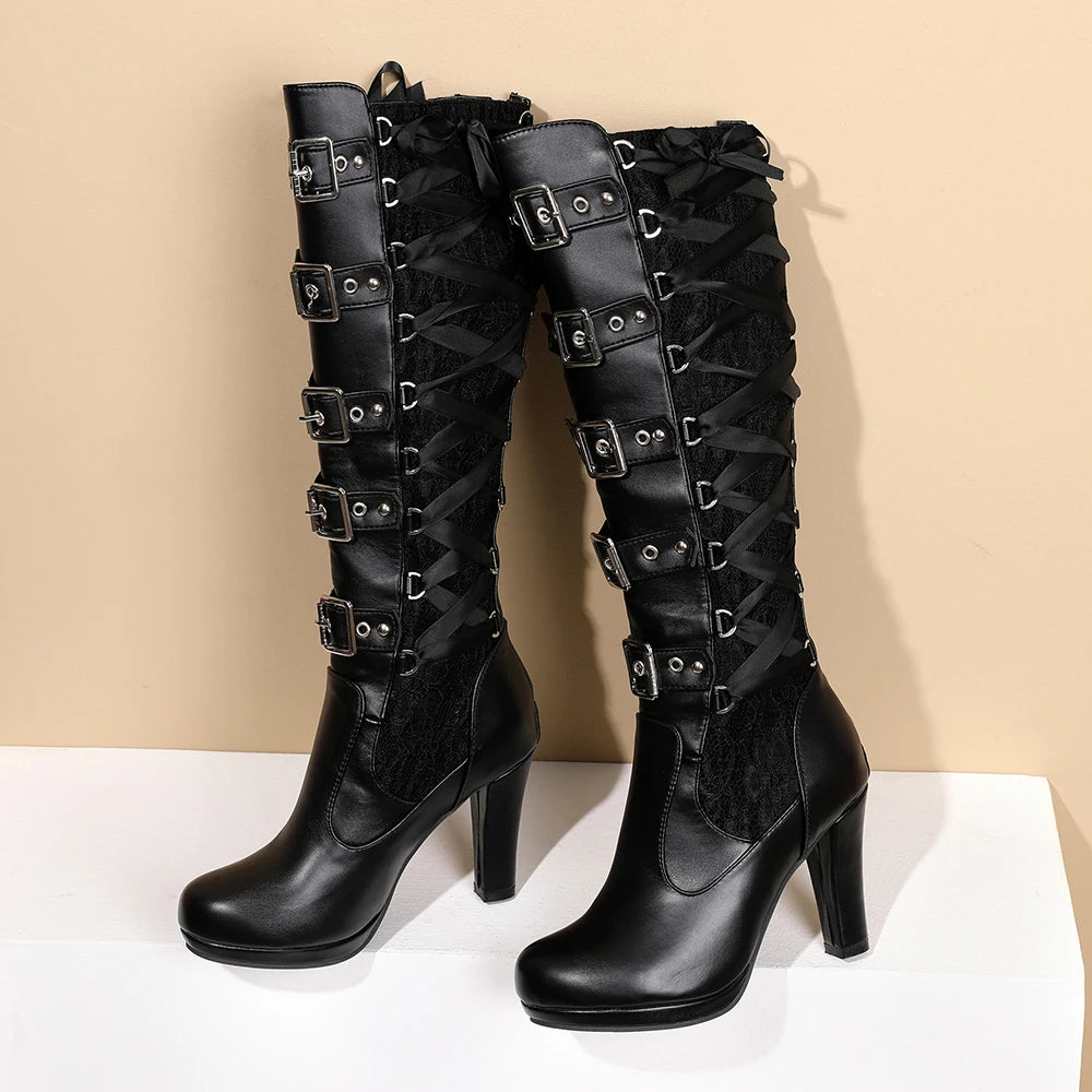 Kniehohe Stiefel mit Gürtelschnalle für Damen 2024 Sexy Winter Warm halten Weibliche Spitze Lange Stiefel Gothic Reife Damen Plateau Kniestiefel