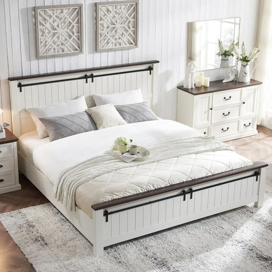 Twin Room Bunk Double Bed Wood Bed Frame With Groove Sliding Barn Door Footboard Queen Beds No Box Spring Needed (White) Bedroom