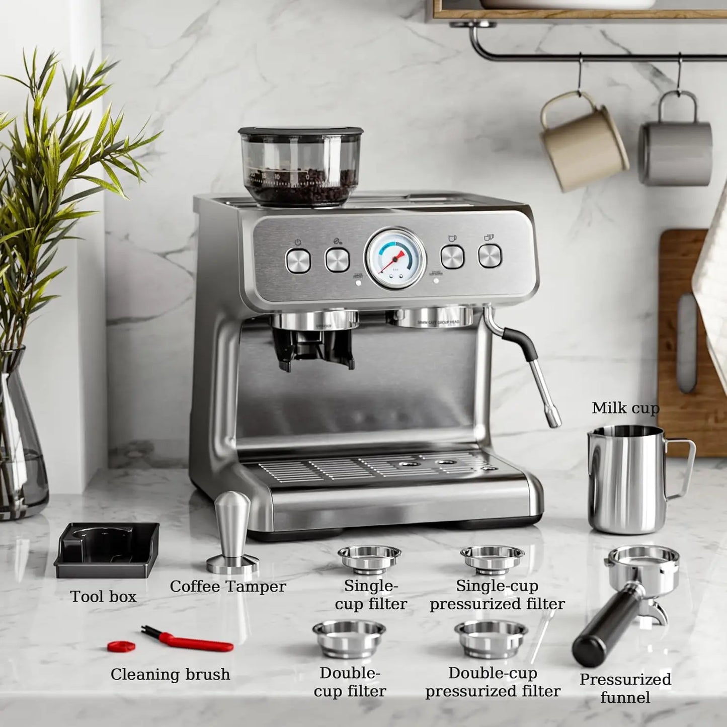 Machines with grinder, 20 Bar Professional Espresso Maker with Milk Steam Wand & Removable Water Tank for Latte and Cappuccino