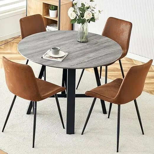 Round Dining Table Set,Modern Kitchen Dinings Tables andChairs Set for4,Upholstered PU Leather Chairs,Wood Dining Furniture Sets