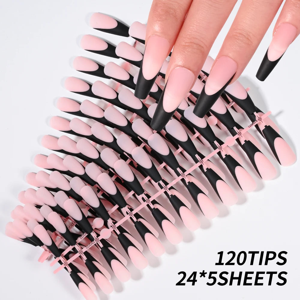 120PC Black French Gel Nail Tips Matte Long Coffin Press on Nails 12size Pre-lasting Natural Artificial False Tips Nail Supplies