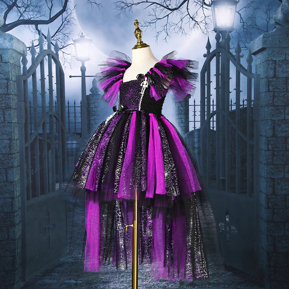 Disney Witch Costume Girls Purple Mesh Trailing Dress Maleficent Deluxe Girls Fancy Halloween Party Kids Cosplay Clothes 2-12T