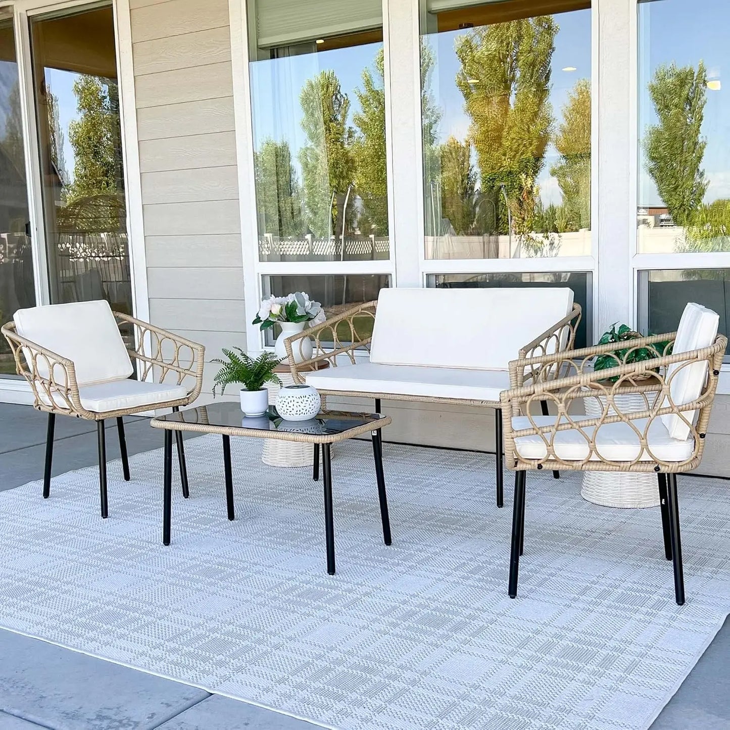 4 Pieces Patio Furniture Set, Wicker Outdoor Bistro Set, All-Weather Rattan Conversation Set with Loveseat Chairs Table