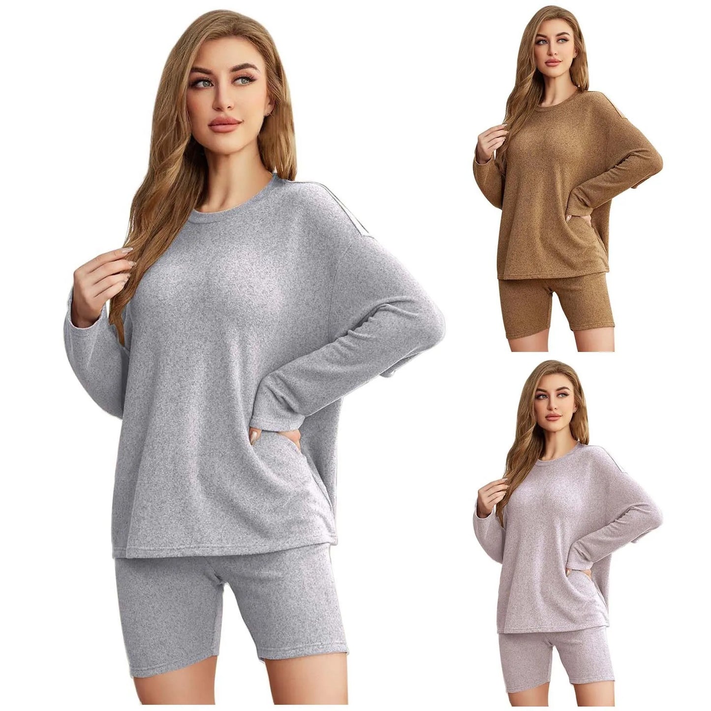 Women Solid Shorts Suit New Home Pajama Set Autumn Winter Casual Warm Sleepwear Long-Sleeved Baggy Top And Shorts 2-Piece Sets