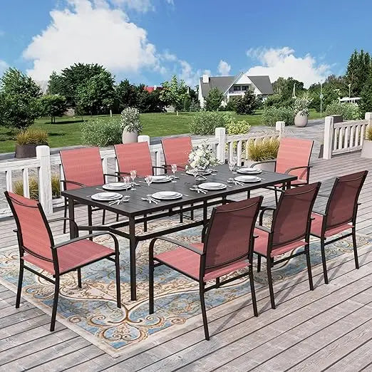 9 Pieces Patio Dining Set, 8 X Textilene Patio Chairs and 1 X 83 Large Rectangle Dining Table,Outdoor Furniture Set