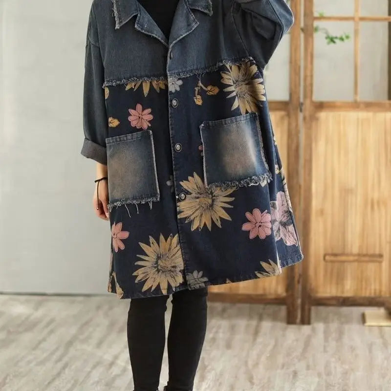 2024 New Arrival Autumn Women Turn-down Collar Casual Long Trench Vintage Floral Print Single Breasted Cotton Denim Coat D333