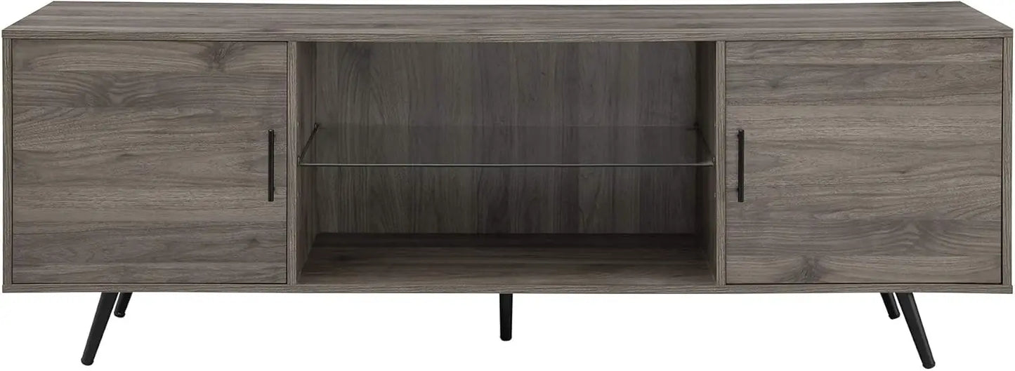 Saxon Mid Century Modern 2 Door Glass Shelf TV Stand for TVs up to 80 Inches, 70 Inch, Grey