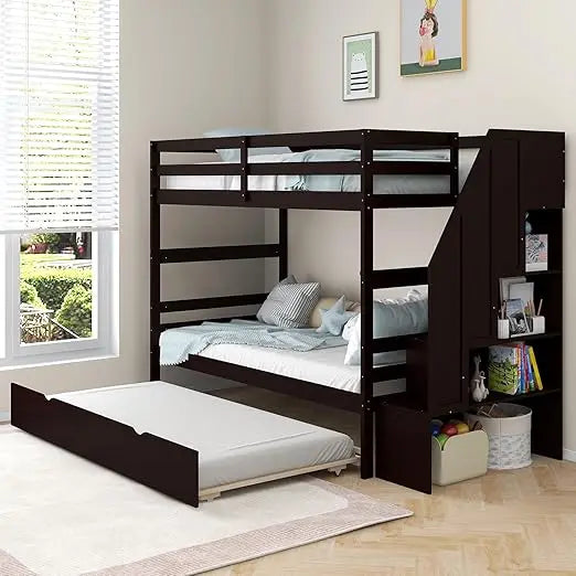 Bunk Bed, with Trundle and Stairs, with Storage Shelf, Bunks Beds Detachable Into 2 Platform Beds, Solid Wood Bunk Bed Frame