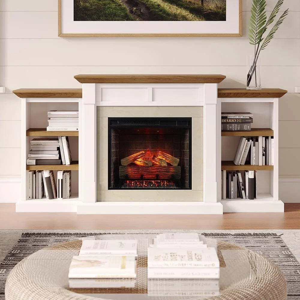 74 Inch Bookcase, Mantel Package | 23 Inch Smart Electric Fireplace Insert Heater W/Remote | Warm Walnut Shelving