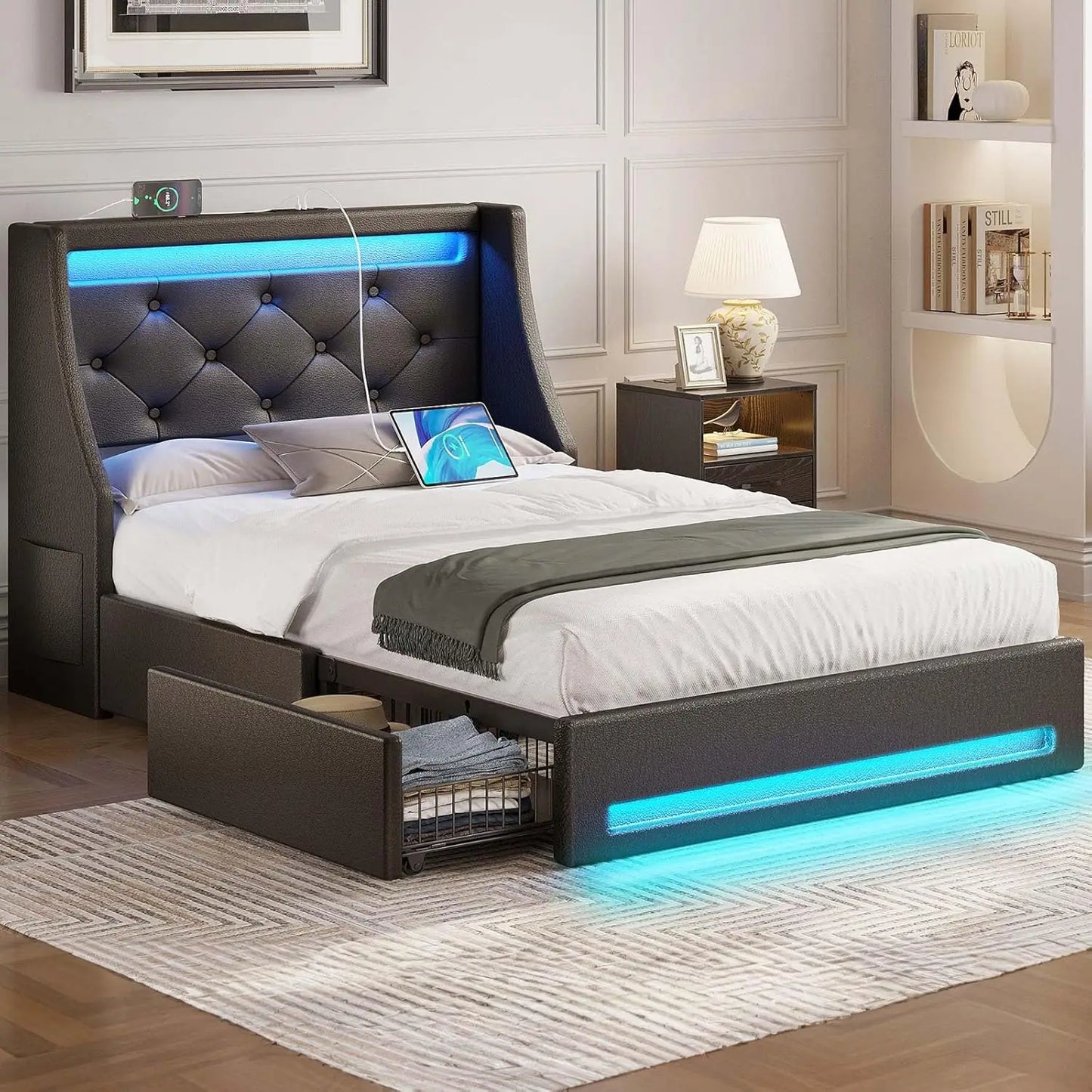 Full Bed Frame with LED Lights and Charging Station, Upholstered Bed with Drawers, Wooden Slats, Noise Free, Easy Assembly