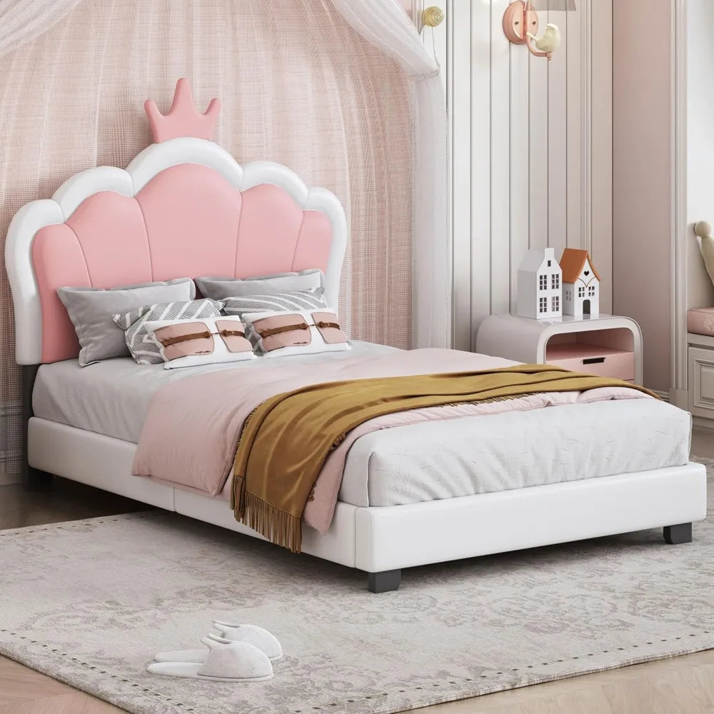 Bellemave Twin Size Princess Bed Frame with Crown Headboard, PU Upholstered Princess Twin Bed for Girls,Kids Twin Platform Bed