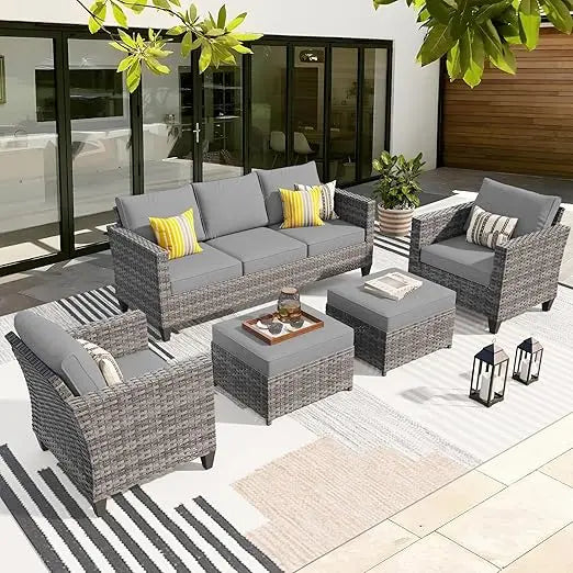 Patio Furniture Set, Couch Chairs, All Weather High Back Conversation Set Garden Backyard, 5 Pieces Outdoor Wicker Rattan Sofa