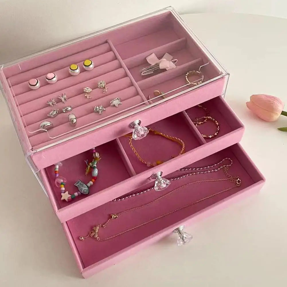 1 Piece Of High-capacity Three-layer Flannel Jewelry Box Drawer Jewelry Box Storage Earrings Necklace