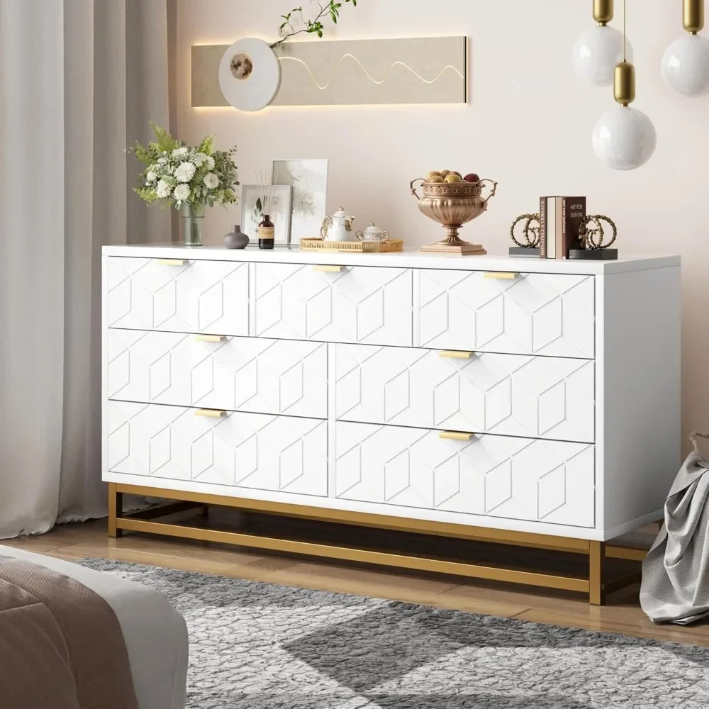 White 7 Drawer Dresser for Bedroom, 53.5" Large Dresser with Metal Legs, Modern Dresser Chest Organizer with Wide Storage