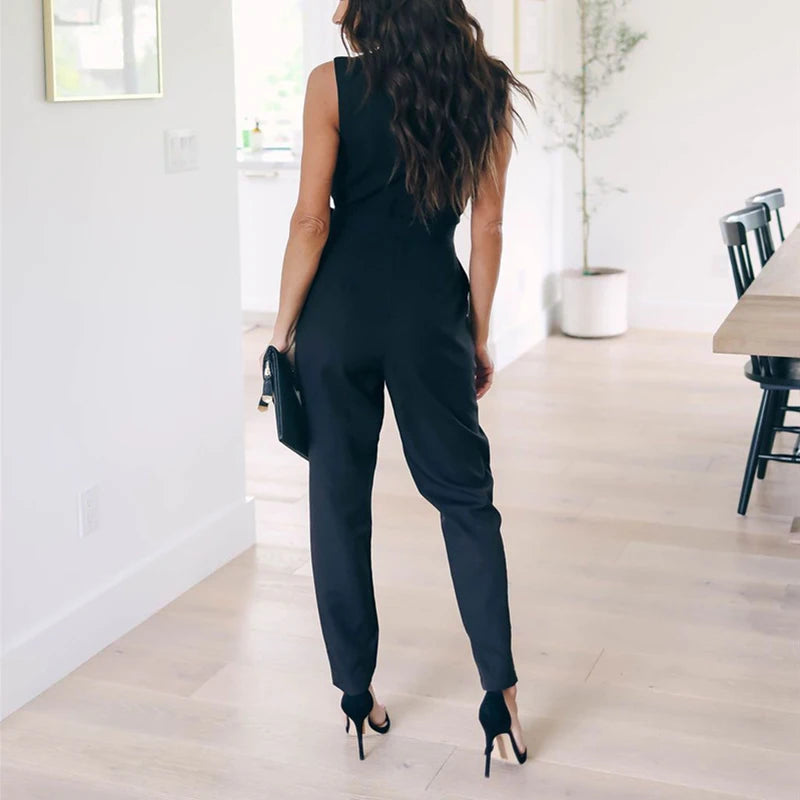 Fashion Lace Women Jumpsuit With Belt Sleeveless 2022 Summer New Casual V-neck Solid Women Black Jumpsuits Fashion Female Pants