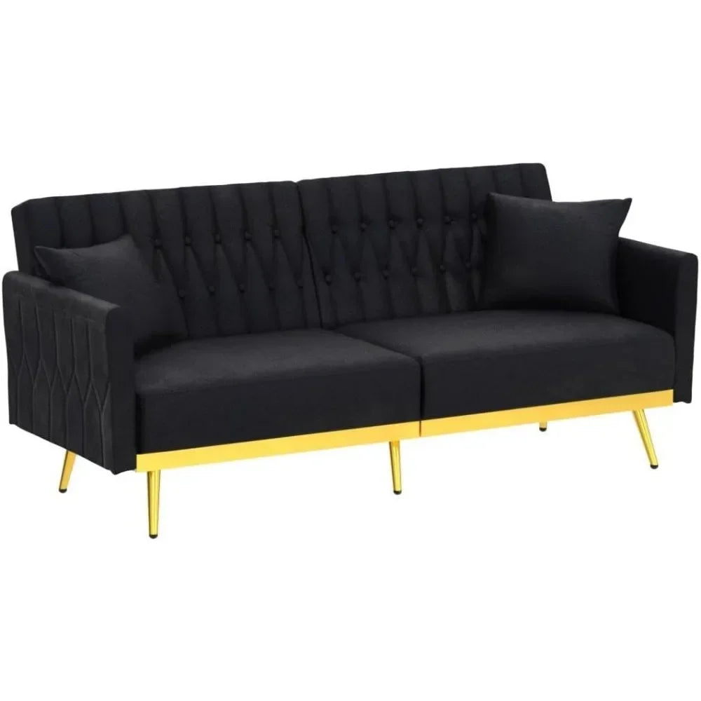 Velvet Futon Sofa Bed with 2 Pillows and Adjustable Armrests, Convertible Sleeper Bed, Living Room Sofa