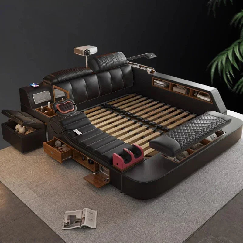 Ultimate Genuine Leather Bed With Massager, Safe, Speaker, Dresser And Projector For Bedroom Multifunctional Tech Smart Beds